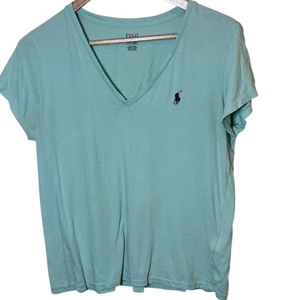 Polo Ralph Lauren Womens V-Neck T-Shirt Aqua Blue Cotton Short Sleeve Large Logo